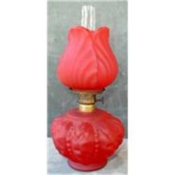 Miniature PETAL Oil LAMP RED SatinGlass ANTIQUE#1045764