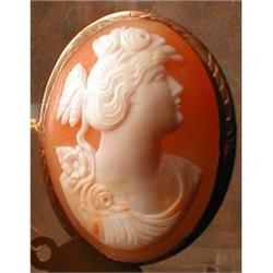 CAMEO 14k BROOCH Roman LADY Flowers  ANTIQUE #1045770