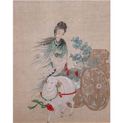 Asian Watercolor on Silk of Lady and Ram, #1045908