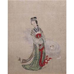  Asian Watercolor on Silk of Lady and Dog, #1045909