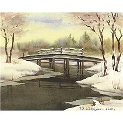 Original watercolor "Bridge on winter river" #1053806