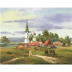 Original watercolor "Temple at the river" #1053807