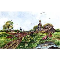 Watercolor  Old Russia. Spring in the village  #1053808