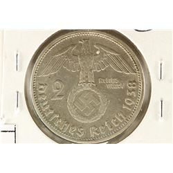 1938-D GERMAN SILVER 2 MARK WITH SWASTIKA