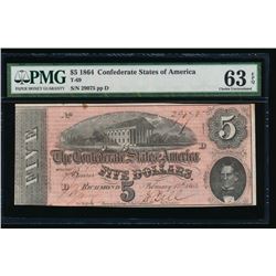 1864 $5 Confederate States of America Note PMG 63EPQ