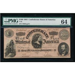 1864 $100 Confederate States of America Note PMG 64