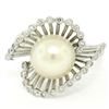 Image 2 : Vintage 14K White Gold 8.5mm Pearl Bezel Diamond 2 Wave Bypass Cocktail Ring