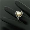 Image 8 : Vintage 14K White Gold 8.5mm Pearl Bezel Diamond 2 Wave Bypass Cocktail Ring
