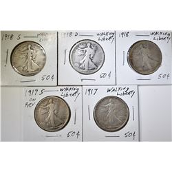 LOT OF 5 WALKING LIBERTY HALF DOLLARS: