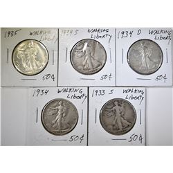LOT OF 5 WALKING LIBERTY HALF DOLLARS: