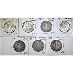 LOT OF 7 WALKING LIBERTY HALF DOLLARS: