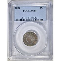 1894 LIBERTY "V" NICKEL, PCGS, AU-58