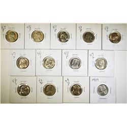 GROUP OF 13 MIXED DATE GEM BU JEFFERSON NICKELS