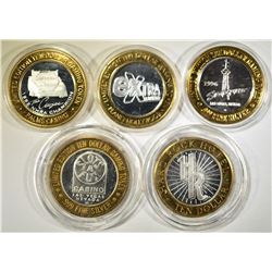 FIVE MISCELLANEOUS .999 SILVER CASINO TOKENS