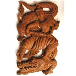 WALL WOOD SCULPTURE OF SWORDSMAN ON DRAGON #1056619