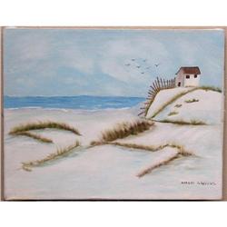 ORIG OIL PAINTING PRIMITIVE STYLE BEACH HOUSE #1056623