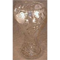 Cut GLASS Vase ETCHED Leaves Roses ANTIQUE #1057311
