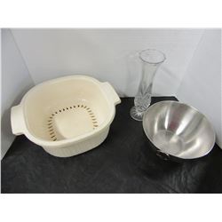 ESTATE:  BOX WITH ELECTRIC KNIFE, CURLING IRONS, BOWL, DISH, STRAINER, ETC