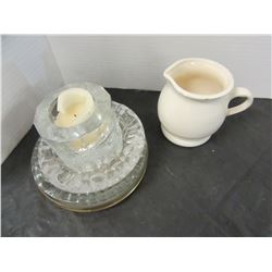 ESTATE:  BOX WITH TEAPOTS, DISHES, CREAMERS, CANDLE HOLDERS, ETC