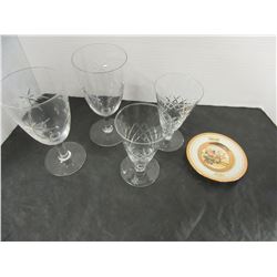ESTATE:  BOX OF STEMWARE, SMALL PLATE, ETC
