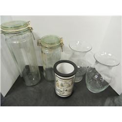 ESTATE:  BOX WITH 2 STORAGE JARS, VASES, CANDLE HOLDERS, ETC
