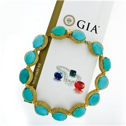 18k Yellow Gold GIA Certified Large Cabochon Greenish Blue Turquoise Statement N