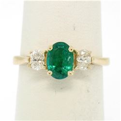 14k Solid Yellow Gold 1.03 ctw Three Stone Prong Set Oval Emerald & Diamonds Rin