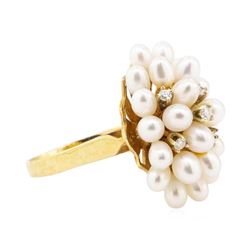 0.12 ctw Diamond and Freshwater Pearl Cluster Ring - 14KT Yellow Gold