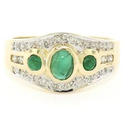 Petite 14K TT Gold 0.68 ctw 3 Cabochon Emerald & Diamond Accented Cocktail Ring