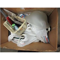 ESTATE:  BOX OF COAT HANGERS, LAMP SHADE, ETC