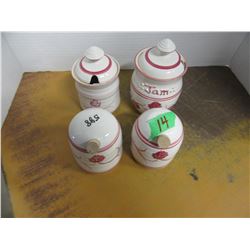 CONDIMENT SET INCLUDING JAM JAR, MUSTARD JAR, SALT & PEPPER SHAKERS