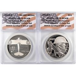 2018-P Proof $1 WWI Centennial Coin & Air Service Medal Set ANACS PR70 DCAM First Release