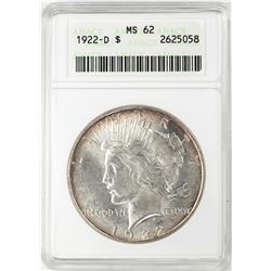 1922-D $1 Peace Silver Dollar Coin ANACS MS62