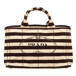 Prada Black White Canvas Medium Canapa Shopping Tote Bag