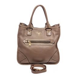 Prada Taupe Pebbled Leather Satchel Shoulder Bag
