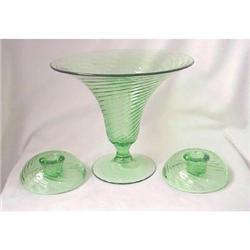 Fostoria Bowl and Candleholders in Green Swirl #1030155