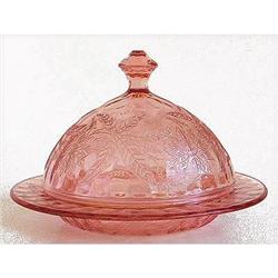 Poinsettia Pink Depression Glass Butter Dish #1030832