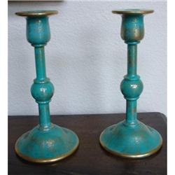 Art Deco Art Glass Gold Splattered Candlesticks#1030997