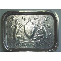 Large Hand Tooled Silver Tray with Family Crest#1031004