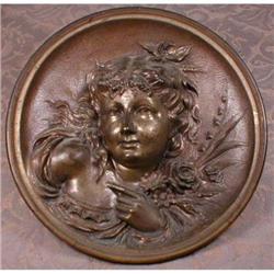 BRONZE Relief LADY w/Flowers ANTIQUE Medallion #1075416