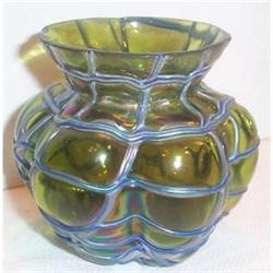 Loetz Green Art Glass Iridized Threaded Vase #1075562