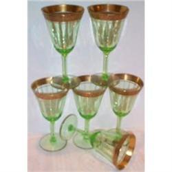Six Tiffin Green and Gold Trim Goblets #1075816