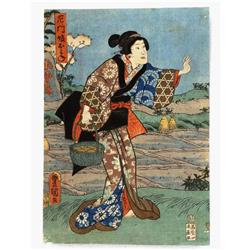 Old Japanese Woodblock Print w Geisha Figurine #1076188