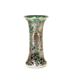 Vintage Silver Overlay Green Glass Vase Steuben#1076204