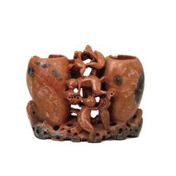 Old Chinese Export Soapstone Vase w Monkey #1076210