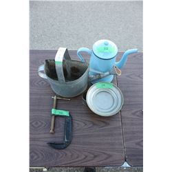 Display Can, Blue Tea Pot, 4" C Clamp and Misc