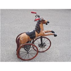 Late 1800s Kids Wooden Horse Tricycle 34  T by 30  L (Leather Strap Broken)