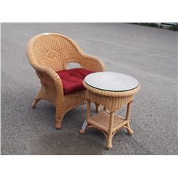 Wicker Chair 35" T and Stand with Glass Top 23.75" T