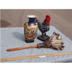 Ceramic Vase, Chicken Figure and Feather Duster