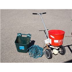 Lawn Fertilizer Spreader, Green Hook Feed Pail and Rope